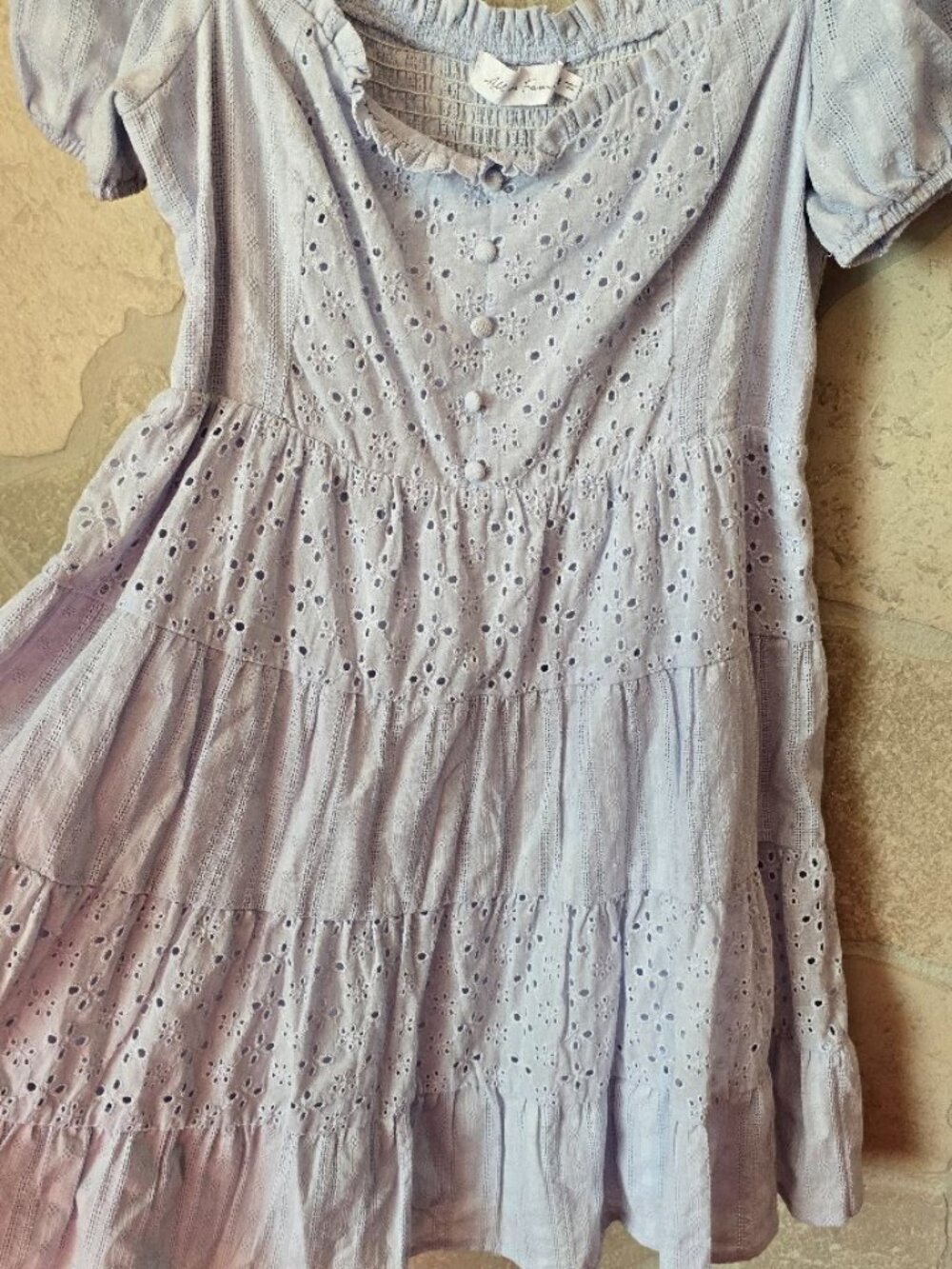 Eyelet Babydoll Mini Dress M Puff Sleeve Smocked Blue - Picture 10 of 12